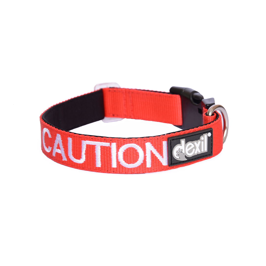Dexil Friendly Dog Collars Red CAUTION S/M Clip Collar